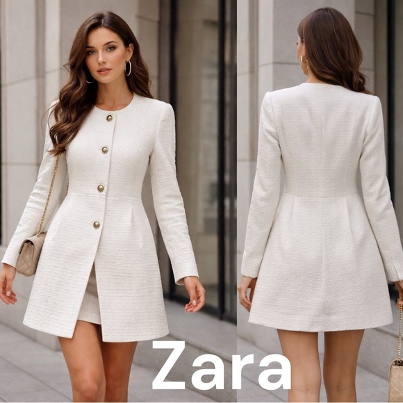 Zara Jackets & Blazers - ZARA White Textured Coat Dress Jacket Women Size L Elegant Button Front Blazer